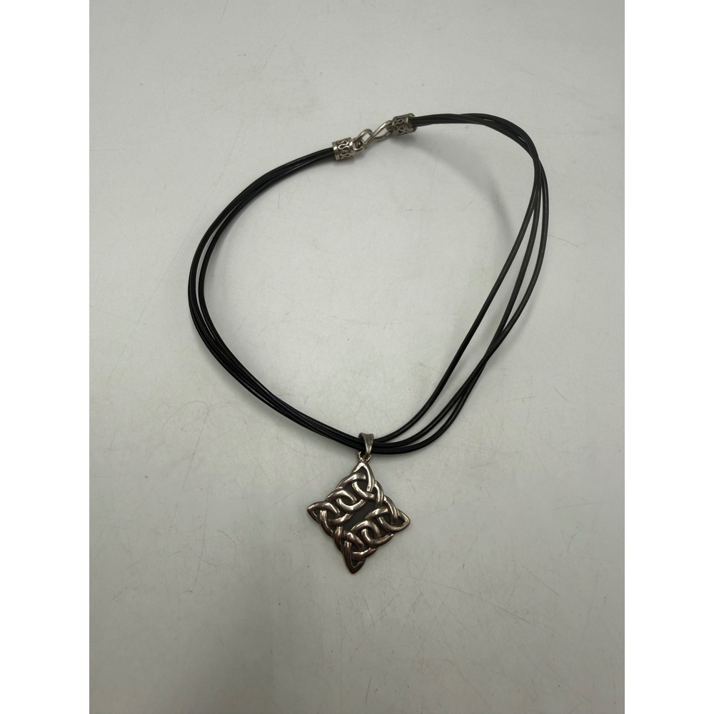 Celtic Knot Pendant Necklace Multi Strand Black Cord Silver Tone Woven Square